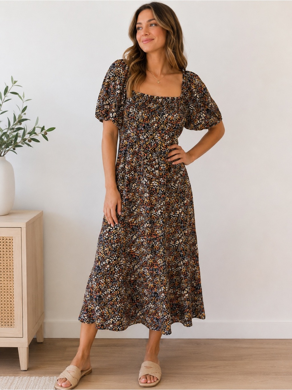 GARNET HILL 100% LINEN MIDI TIERED DRESS